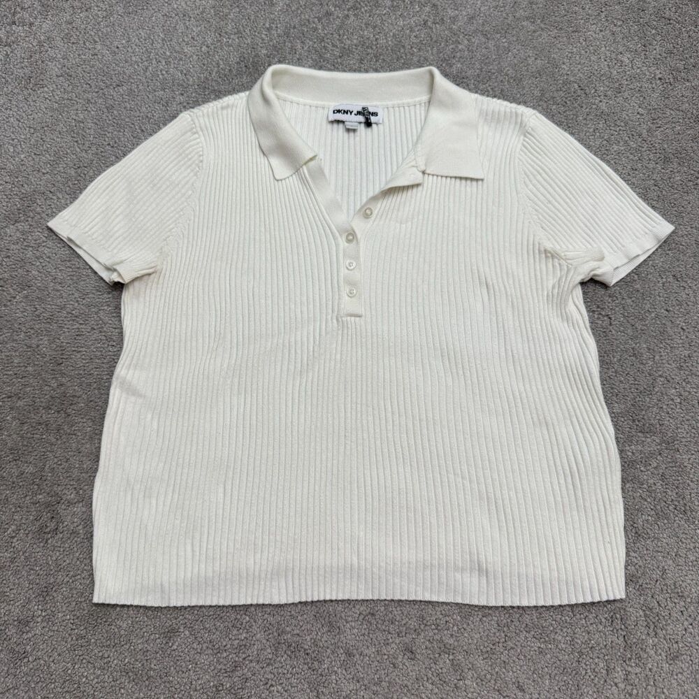 DKNY Jeans Ribbed Knit Polo Shirt Womens Large White Short Sleeve Stretch Top